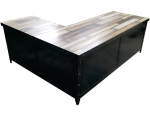 Industrial style office desk with hand painted reclaimed wood top - side view