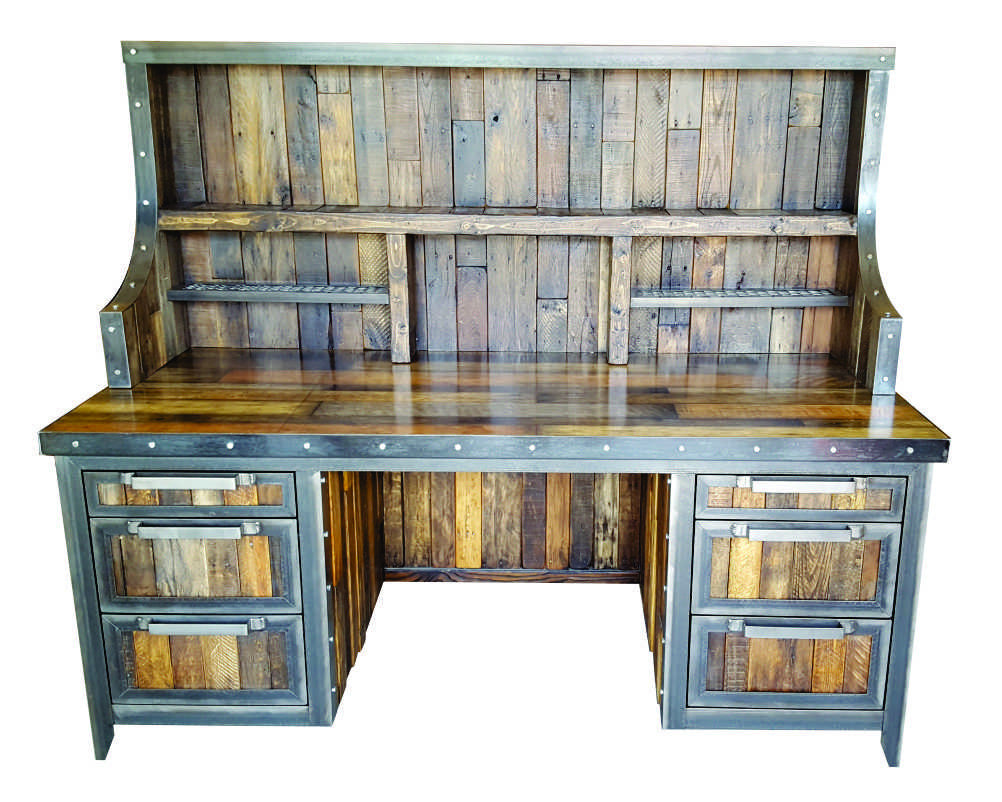Industrial Reclaimed Wood Desk with Hutch - Front view