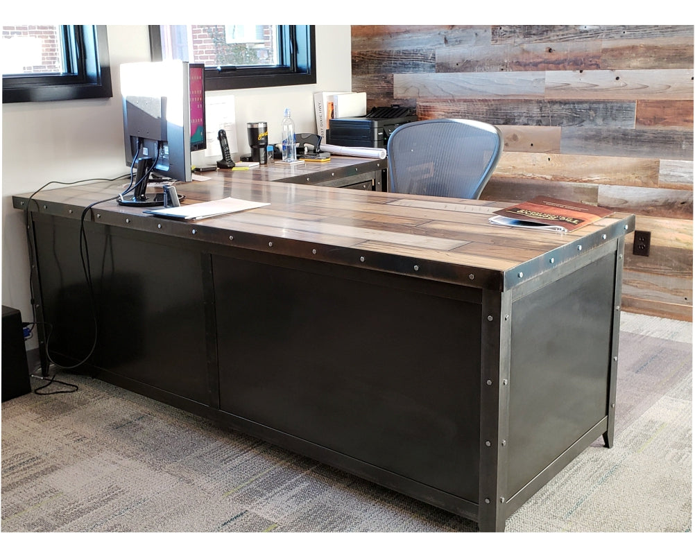 Industrial style office desk with hand painted reclaimed wood top