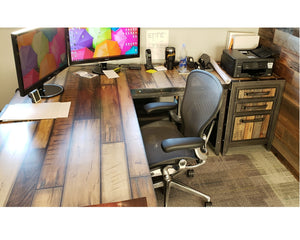 Industrial style office desk with hand painted reclaimed wood top with reclaimed wood file cabinet