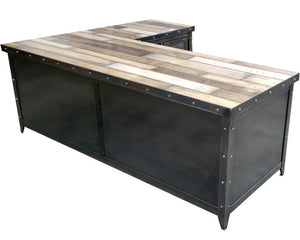 Industrial style office desk with hand painted reclaimed wood top - front view